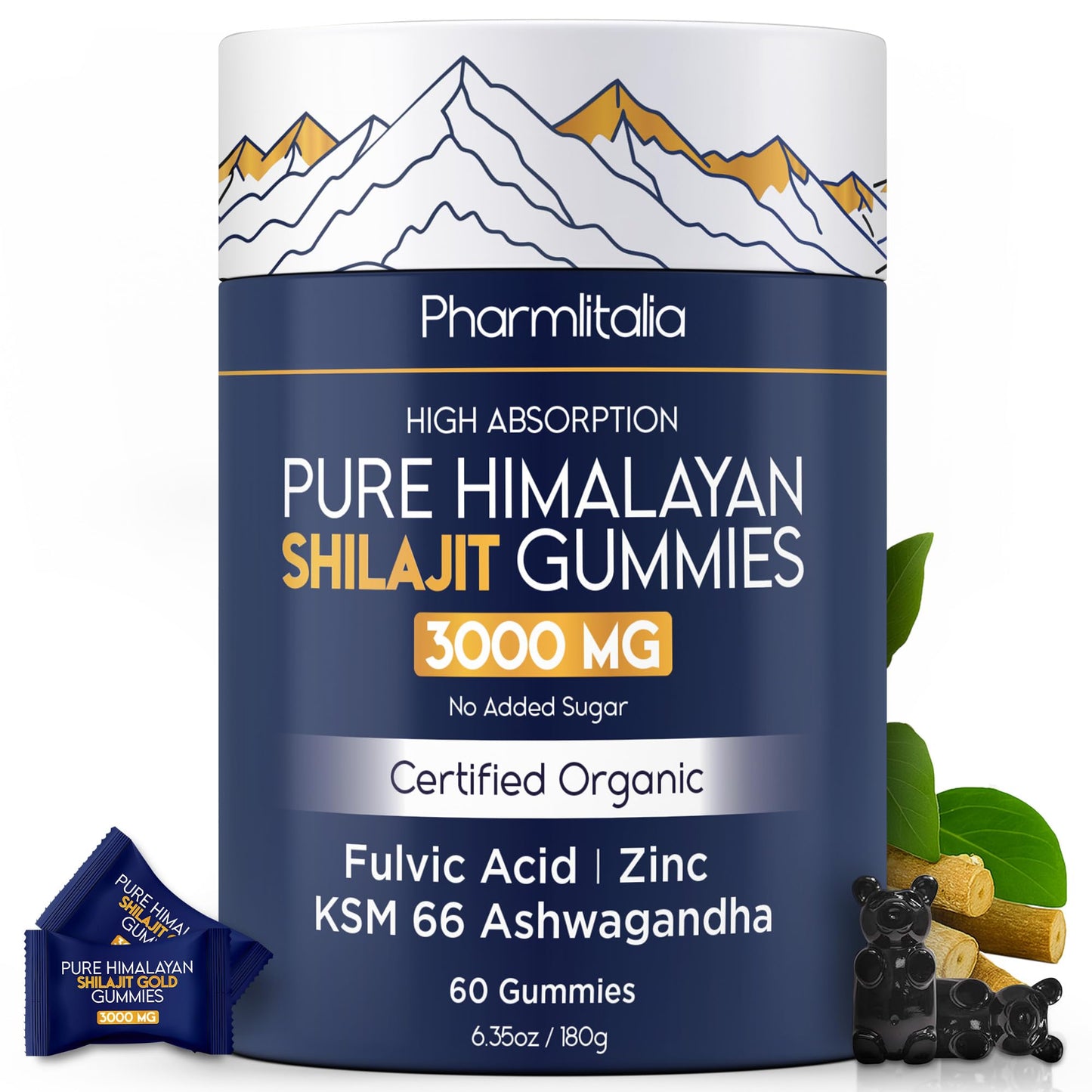 Shilajit Gummies - Himalayan Natural Shilajit Gummies 3000mg - Zinc, Ashwagandha - Natural - No Added Sugar - 60 Count