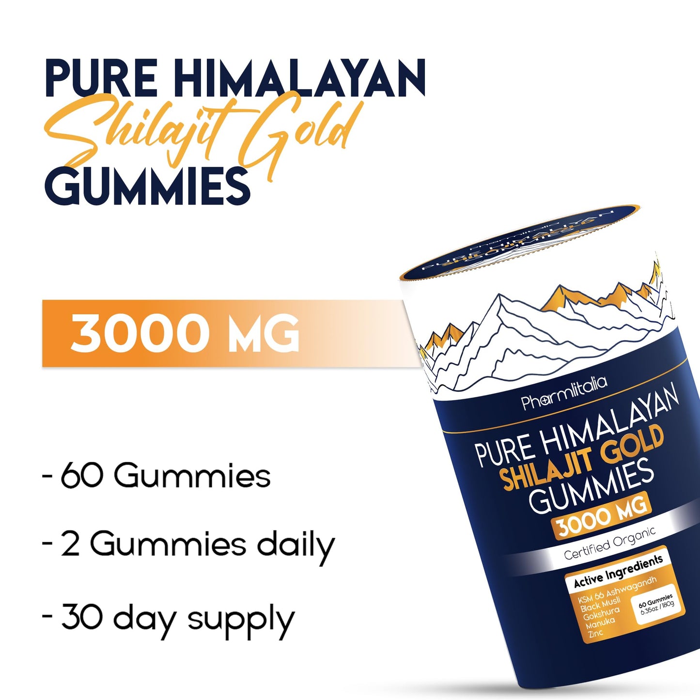 Shilajit Gummies - Himalayan Natural Shilajit Gummies 3000mg - Zinc, Ashwagandha - Natural - No Added Sugar - 60 Count