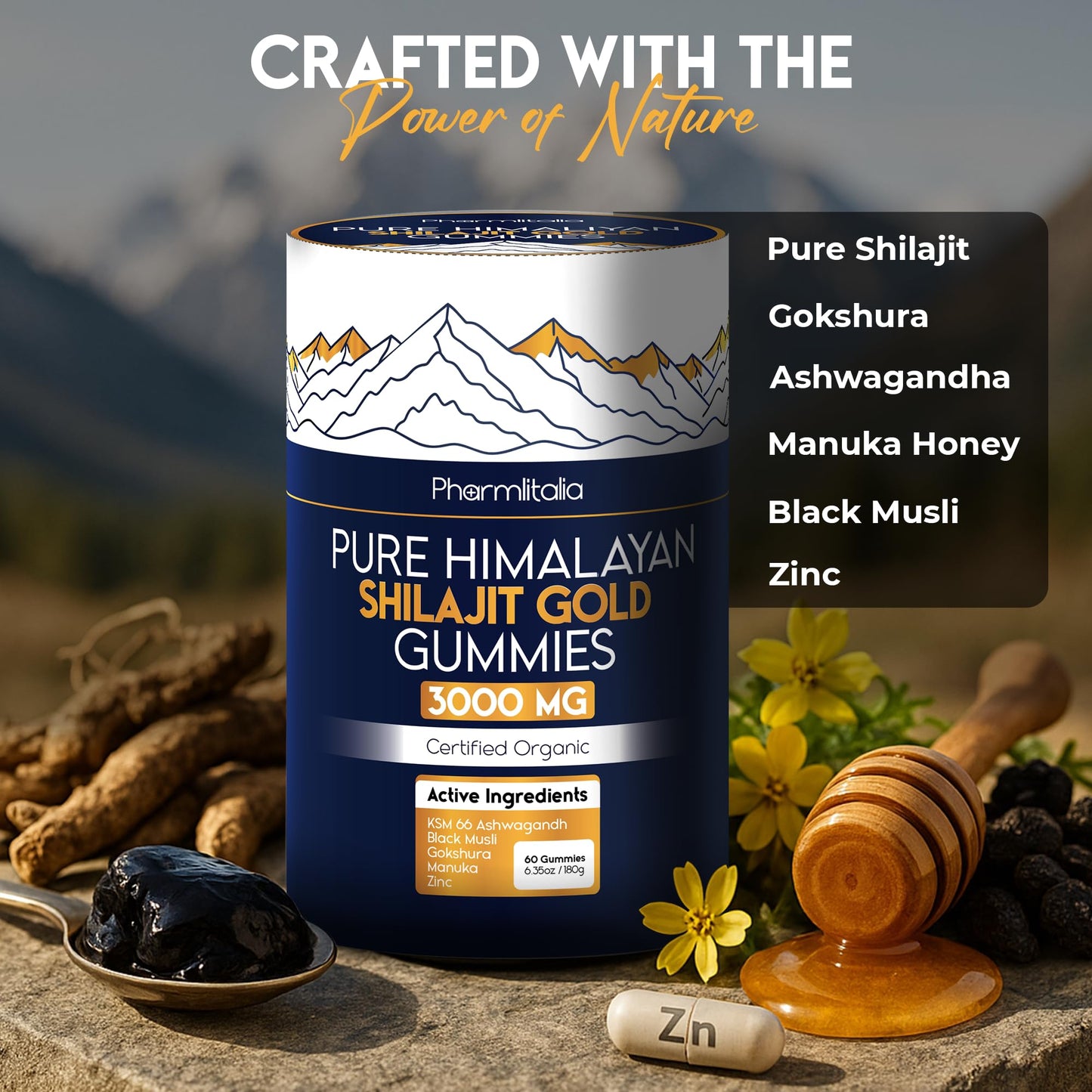 Shilajit Gummies - Himalayan Natural Shilajit Gummies 3000mg - Zinc, Ashwagandha - Natural - No Added Sugar - 60 Count
