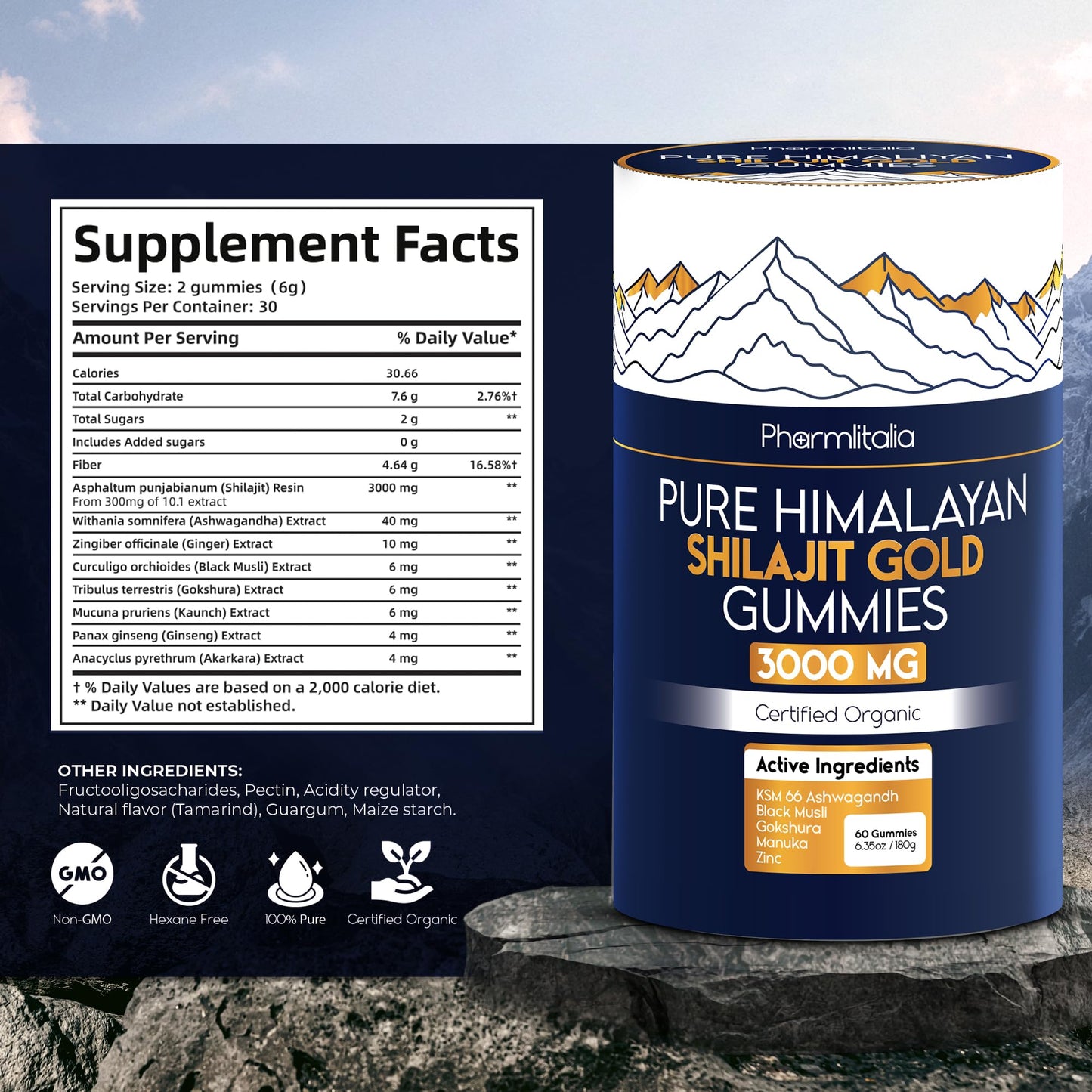 Shilajit Gummies - Himalayan Natural Shilajit Gummies 3000mg - Zinc, Ashwagandha - Natural - No Added Sugar - 60 Count