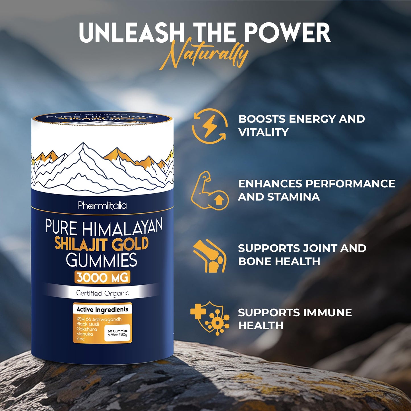 Shilajit Gummies - Himalayan Natural Shilajit Gummies 3000mg - Zinc, Ashwagandha - Natural - No Added Sugar - 60 Count