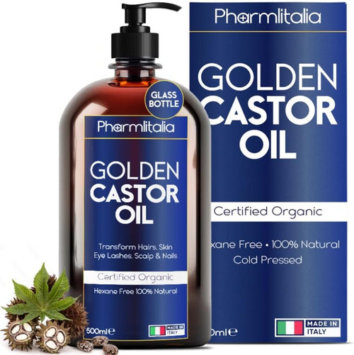 Pharmlitalia Caster Oil Organic Cold Pressed Unrefined Glass Bottle - Organic Golden Castor Oil for Face, Scalp, Eyelashes, Skin Care and Nails - Aceite De Castor Organico Puro - 500ml