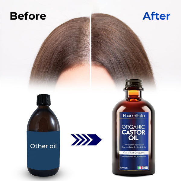 Pharmlitalia Caster Oil Organic Cold Pressed Unrefined Glass Bottle - Organic Golden Castor Oil for Face, Scalp, Eyelashes, Skin Care and Nails - Aceite De Castor Organico Puro - 500ml