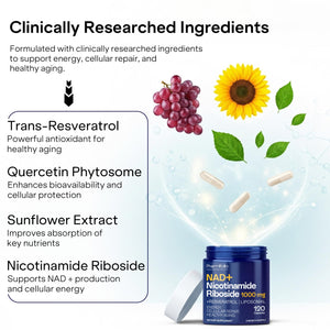 NAD+ Capsules Resveratrol - Liposomal Nicotinamide Riboside, Quercetin, Vitamin B3 NAD+ Supplement for Women and Men - Anti-Aging, Boost Focus and Energy - Cell Regeneration Supplement 120 Capsules