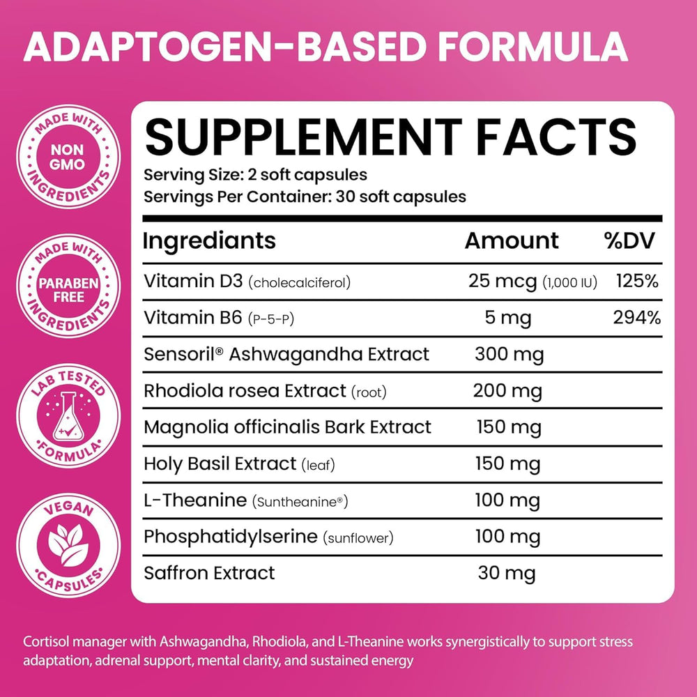 Cortisol Supplements for Women with Ashwagandha, Rhodiola & L-Theanine | Cortisol Reducer Designed for High Stress, Fatigue & Mood Swings | Supports Hormone Balance & Steady Energy | 60 Capsules
