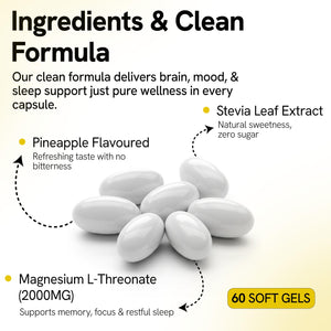 Magnesium L-Threonate Supplement 2000mg Soft Gels - Brain Supplements for Memory and Focus - High Absorption for Better Sleep Muscle and Brain Support - Stress Relief - 60 Count