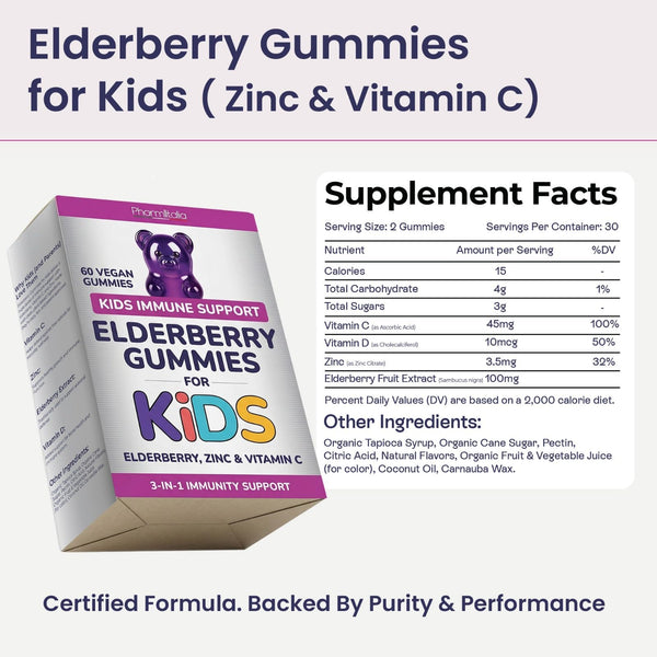 Elderberry Gummies for Kids - 3 in 1 Elderberry Vitamin C and Zinc - Vegan, Organic Immune Support Supplement for Kids - No Added Sugar - Dentist Friendly - Non GMO - Allergen free 60 Chewable Gummies