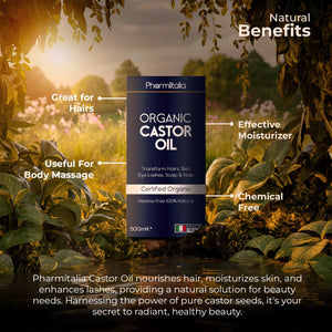 Pharmlitalia Caster Oil Organic Cold Pressed Unrefined Glass Bottle - Organic Golden Castor Oil for Face, Scalp, Eyelashes, Skin Care and Nails - Aceite De Castor Organico Puro - 500ml