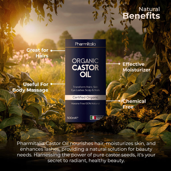 Pharmlitalia Caster Oil Organic Cold Pressed Unrefined Glass Bottle - Organic Golden Castor Oil for Face, Scalp, Eyelashes, Skin Care and Nails - Aceite De Castor Organico Puro - 500ml