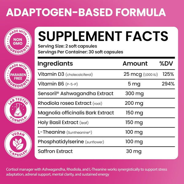 Cortisol Supplements for Women with Ashwagandha, Rhodiola & L-Theanine