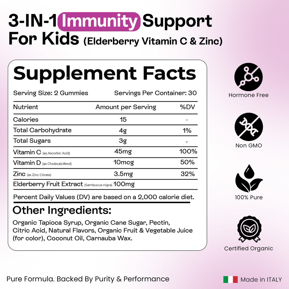 Elderberry Gummies for Kids - 3 in 1 Elderberry Vitamin C and Zinc - Vegan, Organic Immune Support Supplement for Kids - No Added Sugar - Dentist Friendly - Non GMO - Allergen free 60 Chewable Gummies