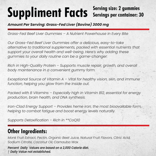 Beef Liver Supplement Grass Fed | Beef Organs Gummies for Women | Pasture Raised in New Zealand | High in Vitamin A, B12 & Heme Iron | Non-GMO | Hormone & Pesticide Free | 60 Gummies