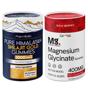 Magnesium Glycinate & Pure Himalayan Shilajit Gummies Bundle – Sleep, Muscle Recovery & Energy – Vegan, High Absorption Magnesium 400mg + Gold Shilajit Gummies for Stamina & Wellness – 2 x 60 Count