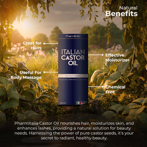 Pharmlitalia Caster Oil Organic Cold Pressed Unrefined Glass Bottle - Organic Golden Castor Oil for Face, Scalp, Eyelashes, Skin Care and Nails - Aceite De Castor Organico Puro - 500ml