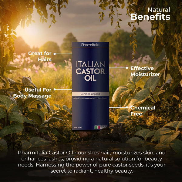 Pharmlitalia Caster Oil Organic Cold Pressed Unrefined Glass Bottle - Organic Golden Castor Oil for Face, Scalp, Eyelashes, Skin Care and Nails - Aceite De Castor Organico Puro - 500ml