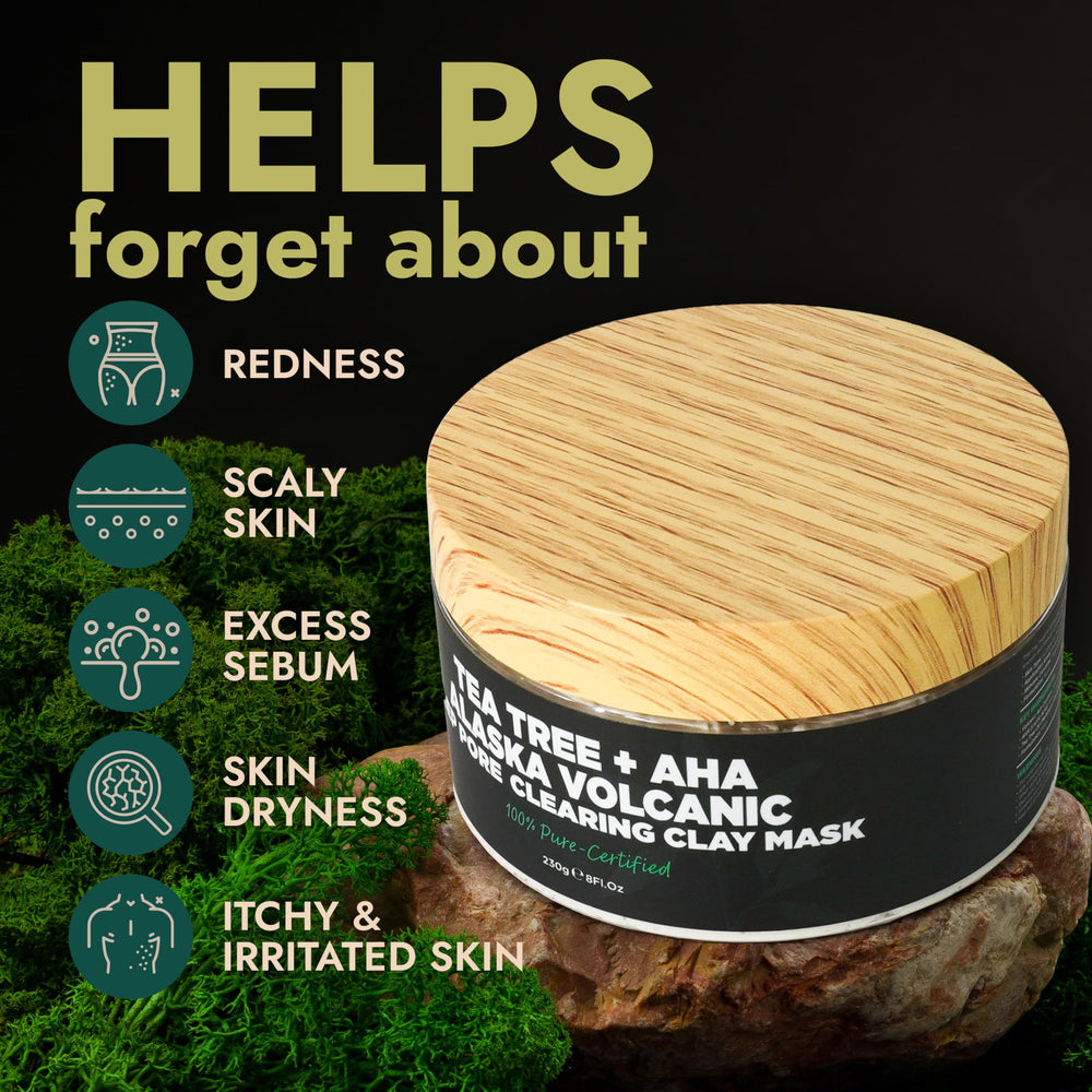 Clay Mask with Tea Tree Oil & Volcanic Ash - Face & Body Mask for Redness Relief, Itchy Skin, Excess Sebum, and Dryness - Daily Use for Clear, Smooth Skin - Tea Tree Skincare Treatment