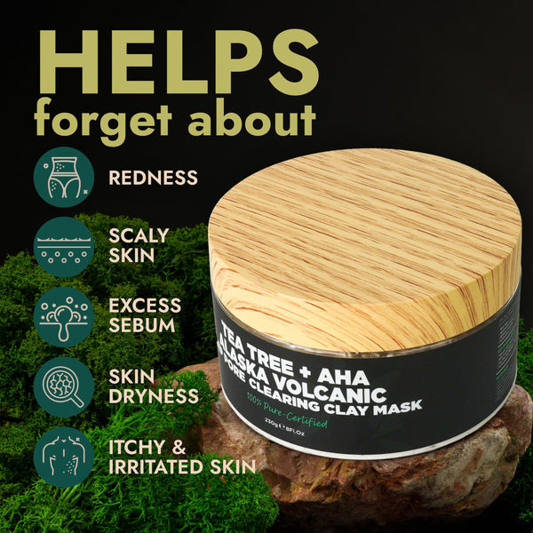 Clay Mask with Tea Tree Oil & Volcanic Ash - Face & Body Mask for Redness Relief, Itchy Skin, Excess Sebum, and Dryness - Daily Use for Clear, Smooth Skin - Tea Tree Skincare Treatment